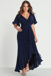 Marineblaues Chiffon V-Ausschnitt Langes Ballkleid in Übergröße